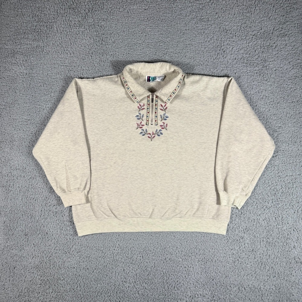 Vintage 90s Floral Grandma Sweater Size Large Quarter Zip‎ Cottage Sweatshirt